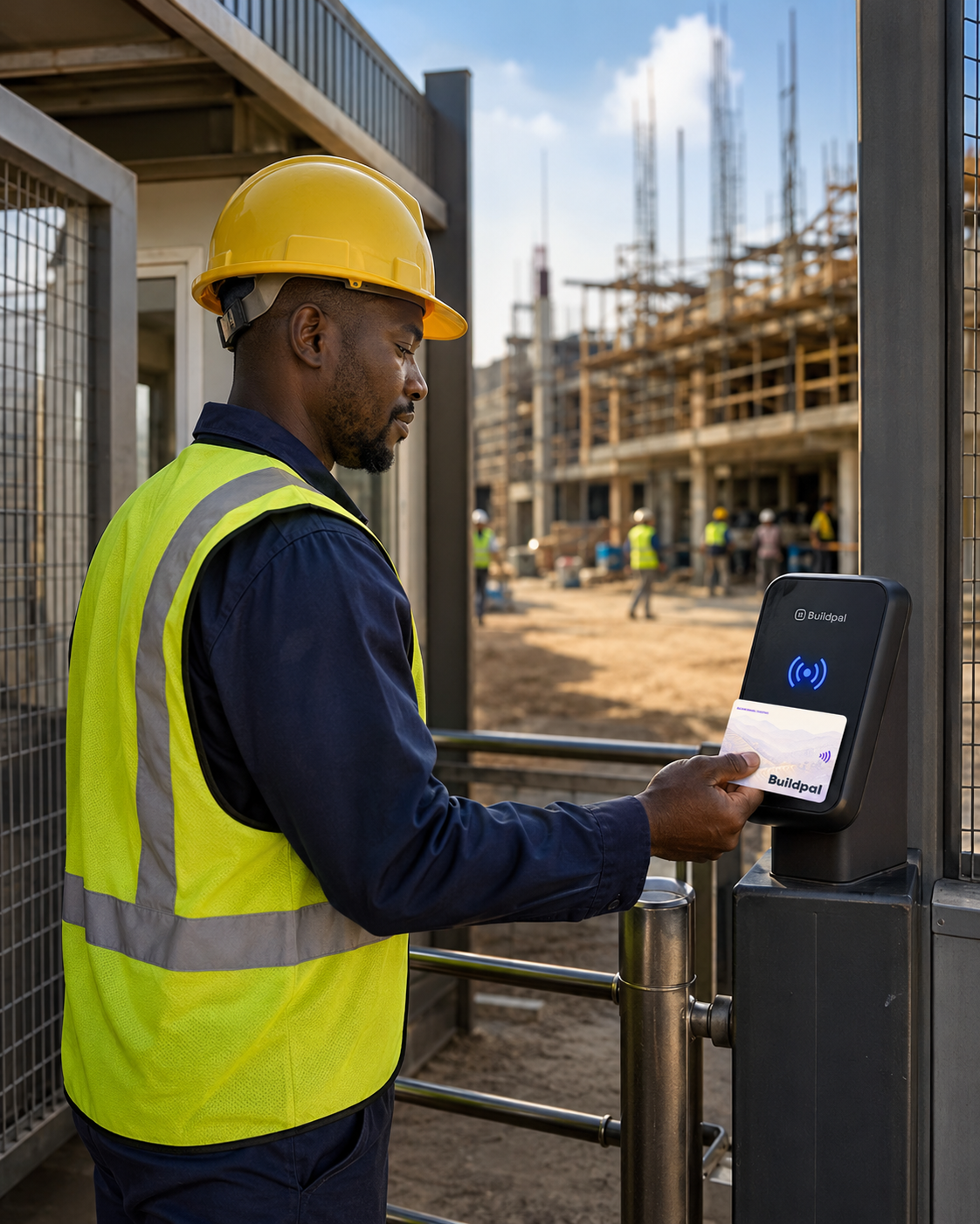 A worker clocking in at a site gate